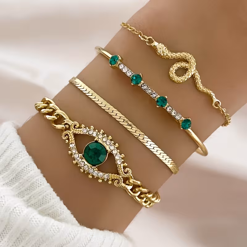 Elegant Green Faux Gemstone Rhinestone Claw Chain Snake-Shaped Bracelet 4pcs Set